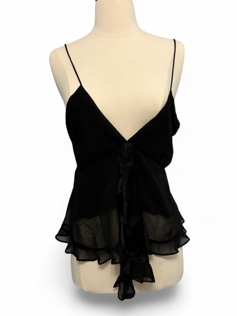 Black Spaghetti Strap V-Neck Ruffle Tank Top